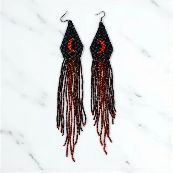Hand Beaded Black/Red Extra Long Boho Crescent Moon Earrings - Picture 7 of 16